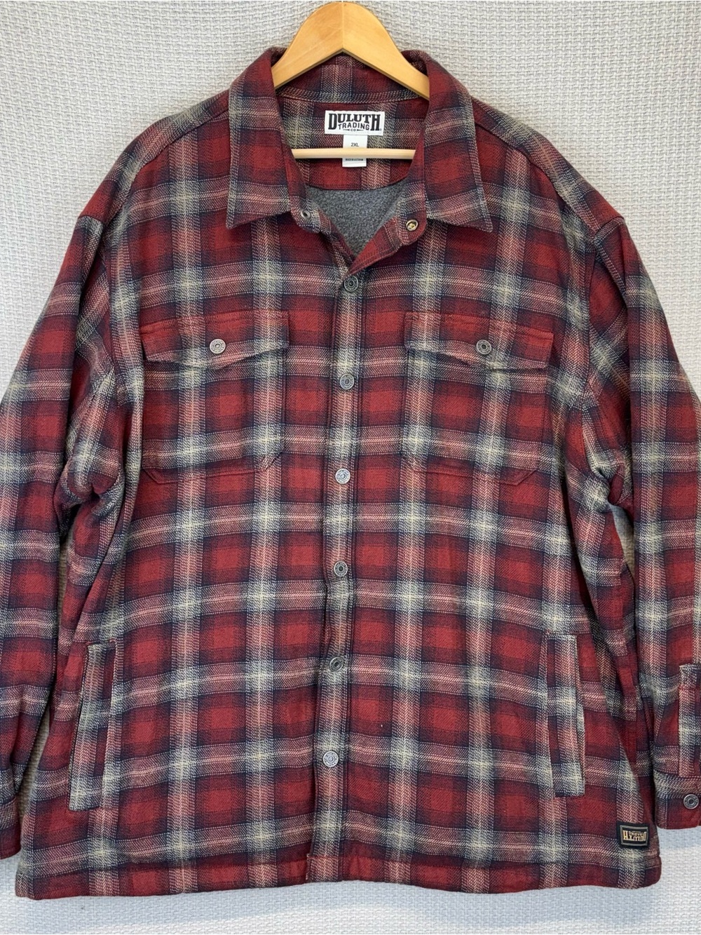 Duluth Trading Co Flannel Lined Shirt Jacket Mens XL Red Plaid Snap Thick Rugged